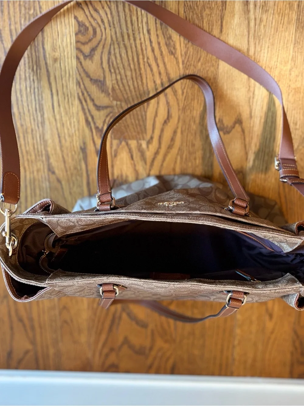 Coach Monogram Canvas Tote in Brown with Leather Trim